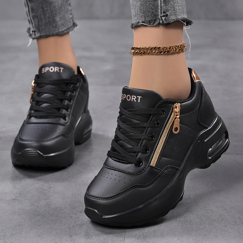 

Women's height increasing thick soled comfortable shoes, fashionable side zipper leather sneakers