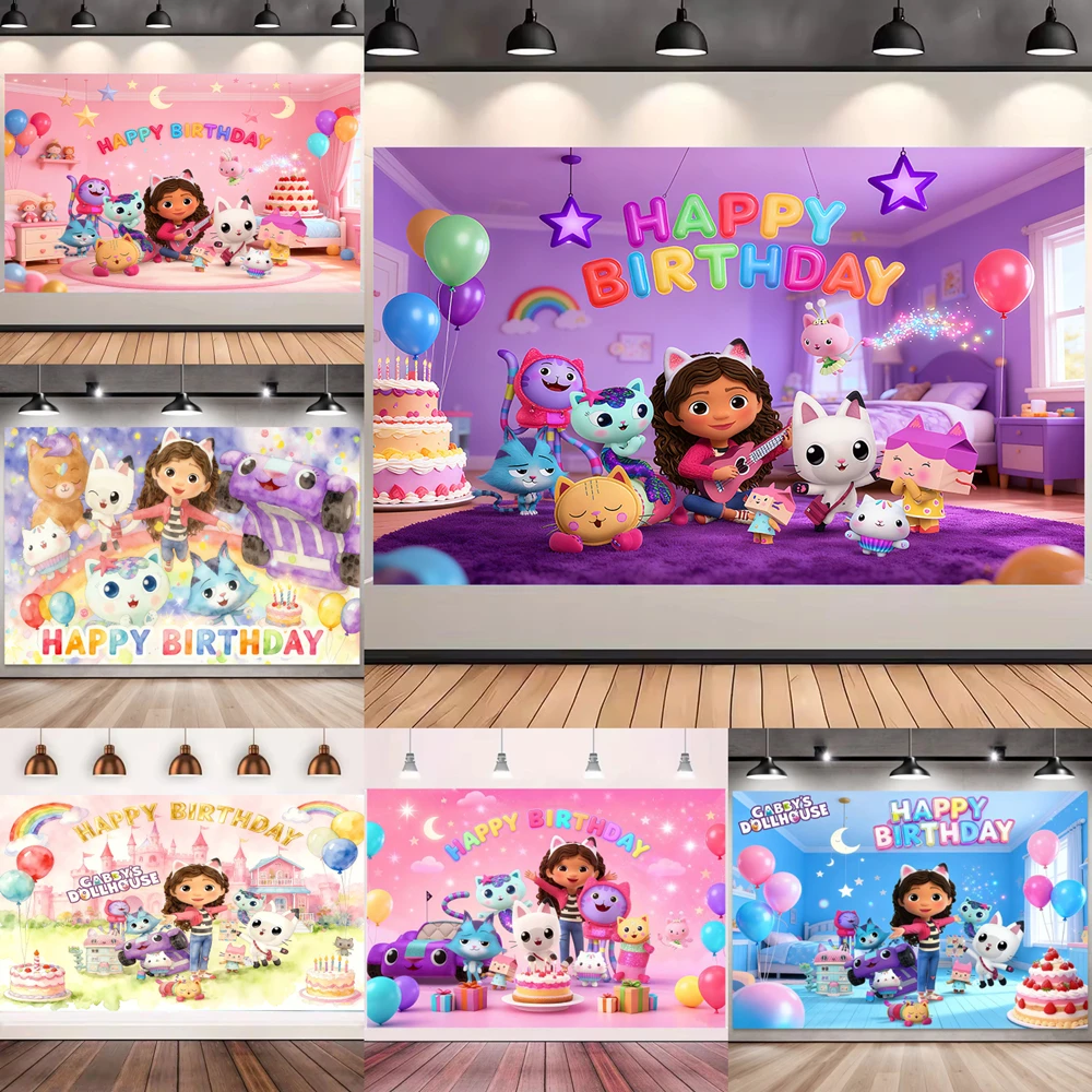 Nuevo dibujos animados Anime Kawaii Gabby casa de muñecas cartel de feliz cumpleaños telón de fondo fotografía de fiesta para niños póster de fondo decoración del hogar de pared