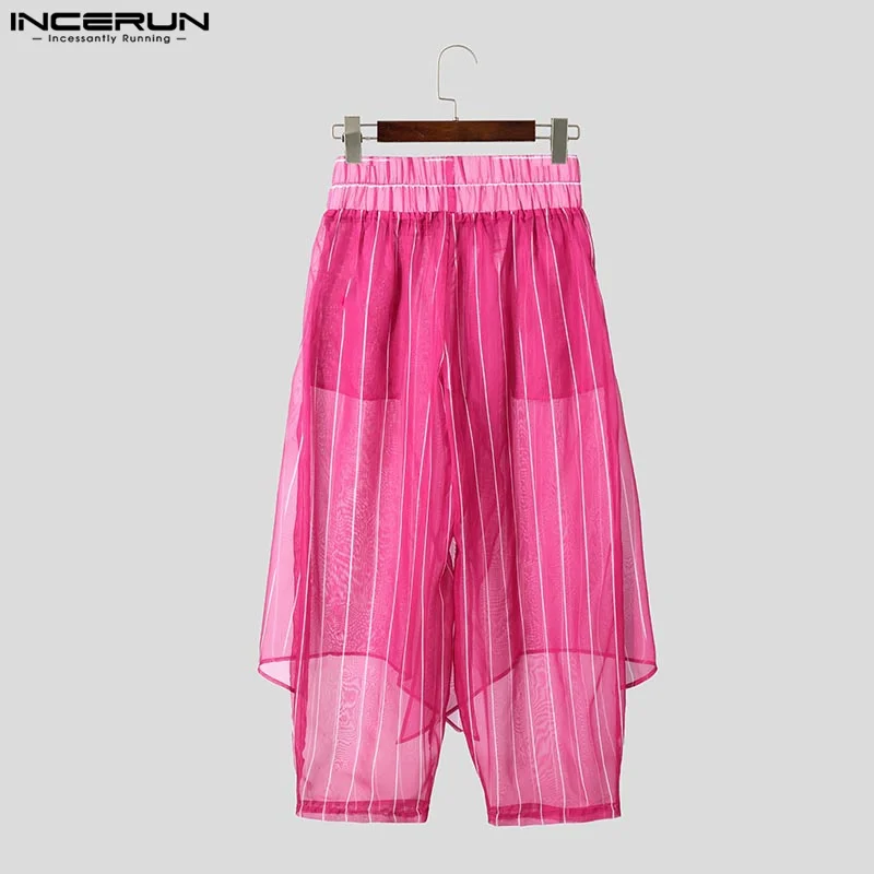 INCERUN, pantalones a rayas para hombre, pantalones para correr de gran tamaño con cintura elástica y cordones, pantalones casuales de pierna ancha, ropa de calle para hombre, pantalones irregulares 2025