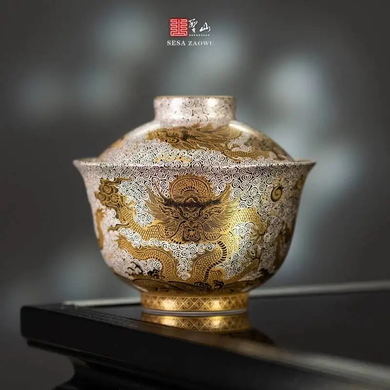 

Holy Mountain High-End Pastel Black Gold Glaze Gold-Inlaid Five Dragon Jingdezhen Handmade Gaiwan Cup Tea Bowl