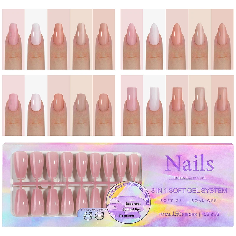 150Pcs/Set French Ballet Press on Nails Full Cover Reusable Seamless Fake Tips Extension Oval Capsule Almond DIY Accessories