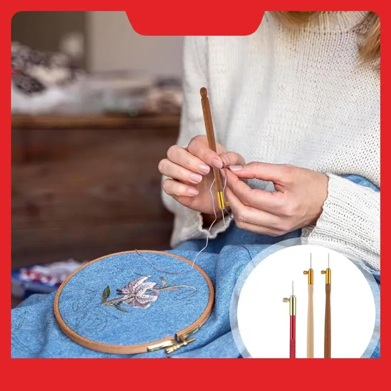 3 Pcs Tambour Hooks Kit Embroidery Crochet Hook Wood Handle Tambour Embroidery Kit French Drum Hooks With 9 Needles