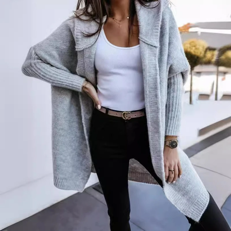

Women Solid Knit Sweater Cardigan Hooded Batwing Sleeve Jumpers Sweaters Open Stitch Casual Loose Midi Coat Streetwear