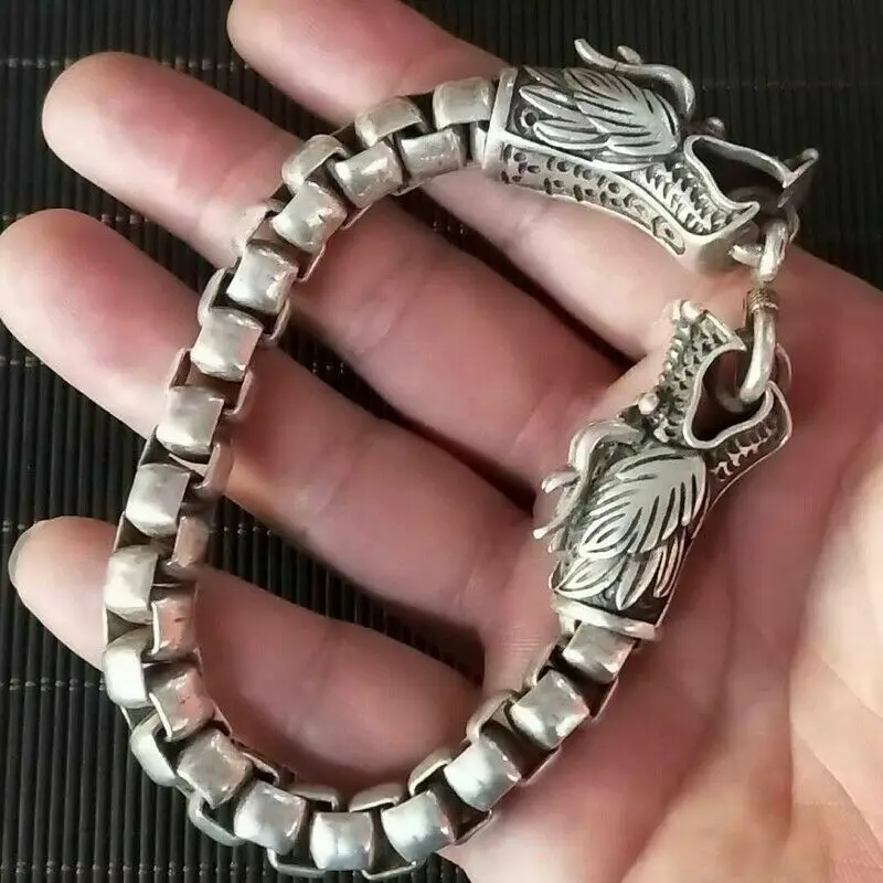 Chinese Exquisite Old Tibetan Silver Carved dragon head Bracelet