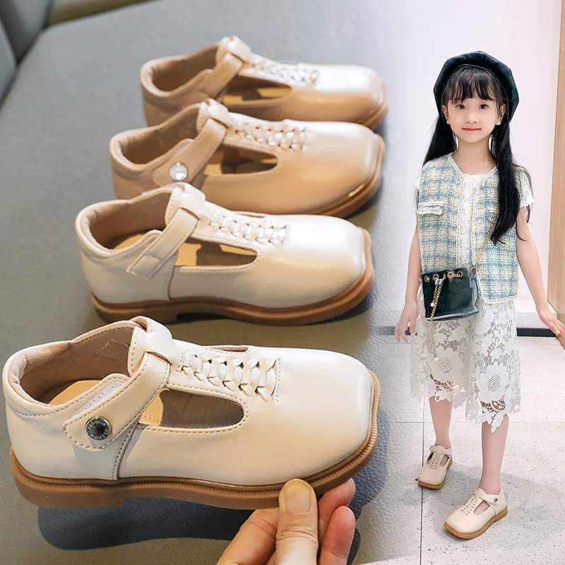 

Baby And Toddler Black T-belt Leather Shoes Little Girl's Pink Princess Dress Shoes Square Head Weave Flats Mary Jane Shoes GFT7