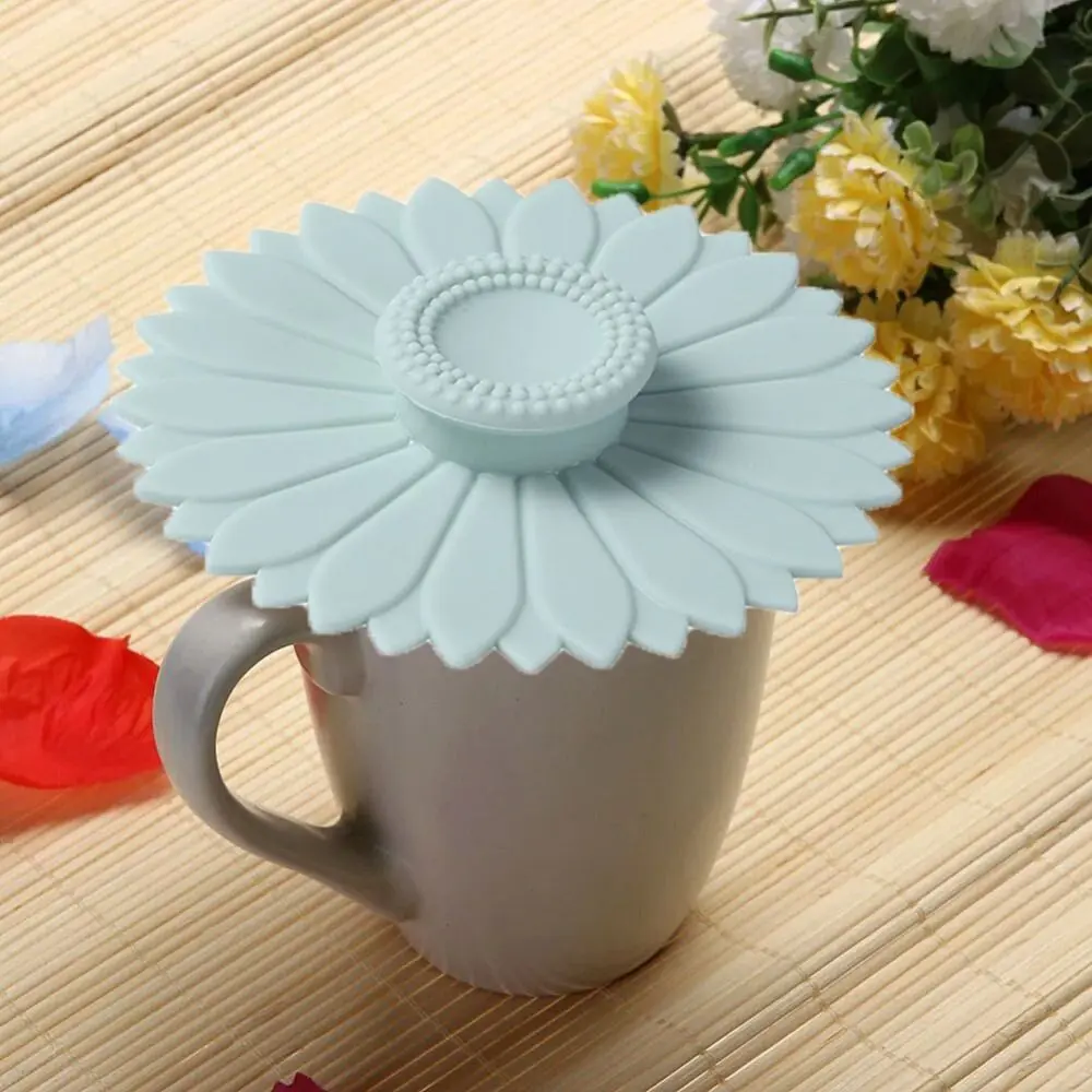 Reusable Seamless Sunflower Silicone Cup Lid Sealed Leakproof Cup Cover with Handle Dust-proof Coffee Mug Lids Glass