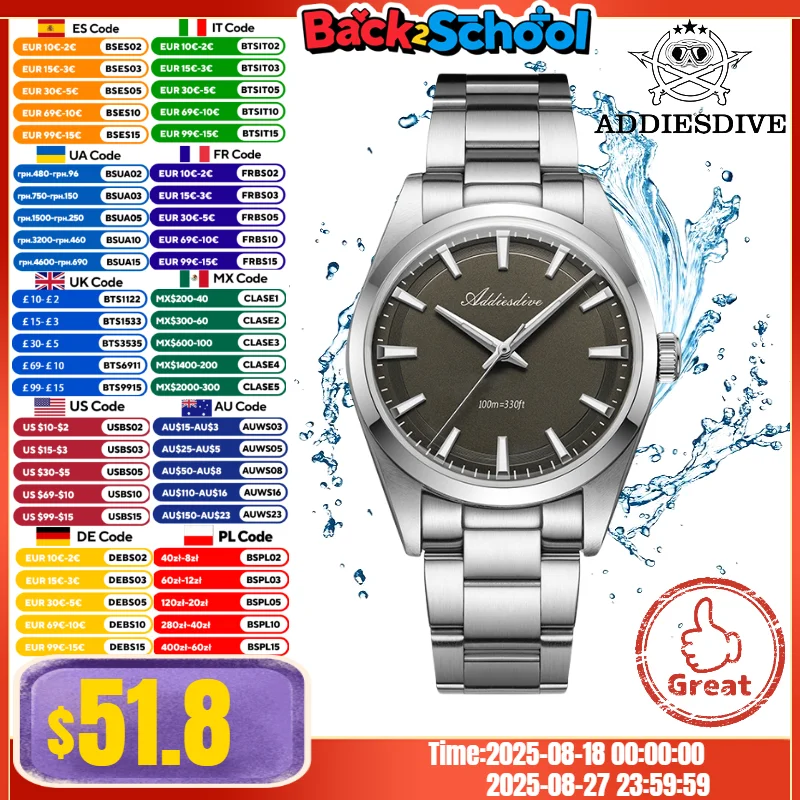 

ADDIESDIVE New 36mm Men's Watch Outdoor Sports BGW9 Blue Luminous 10Bar VH31 Quartz Wristwatches Bubble Mirror Pot Cover Glass