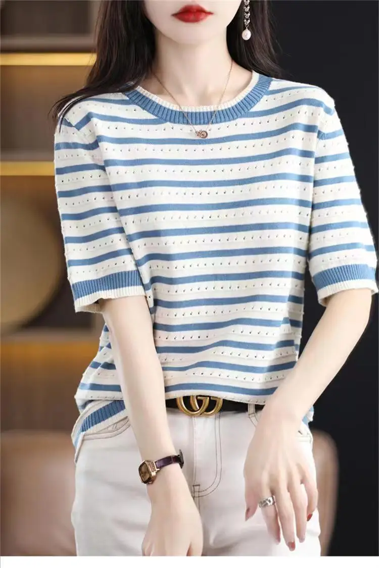 New spring and summer striped women\'s T-shirt short sleeve round neck hollow loose slimming sweater