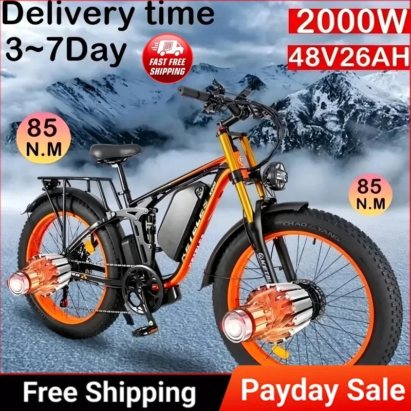 Vélo électrique KETELES K800 Pro 2000W Peak Dual Motor, pour conquérir les pentes raides 30° °   Vélo électrique tout-terrain, pneus larges de 26 pouces, suspension intégrale, freins à disque hydrauliques, batterie amovible 48V 26Ah, autonomie de 80-100 km, adapté aux sentiers accidentés