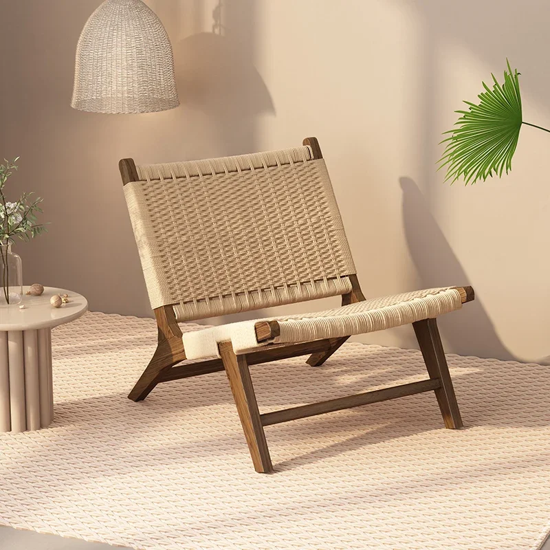 Wabi-Sabi Solid Wood Rope Lounge Chair, Nordic Saddle Leather Accent Minimalist Balcony Leisure Chair for Small Spaces