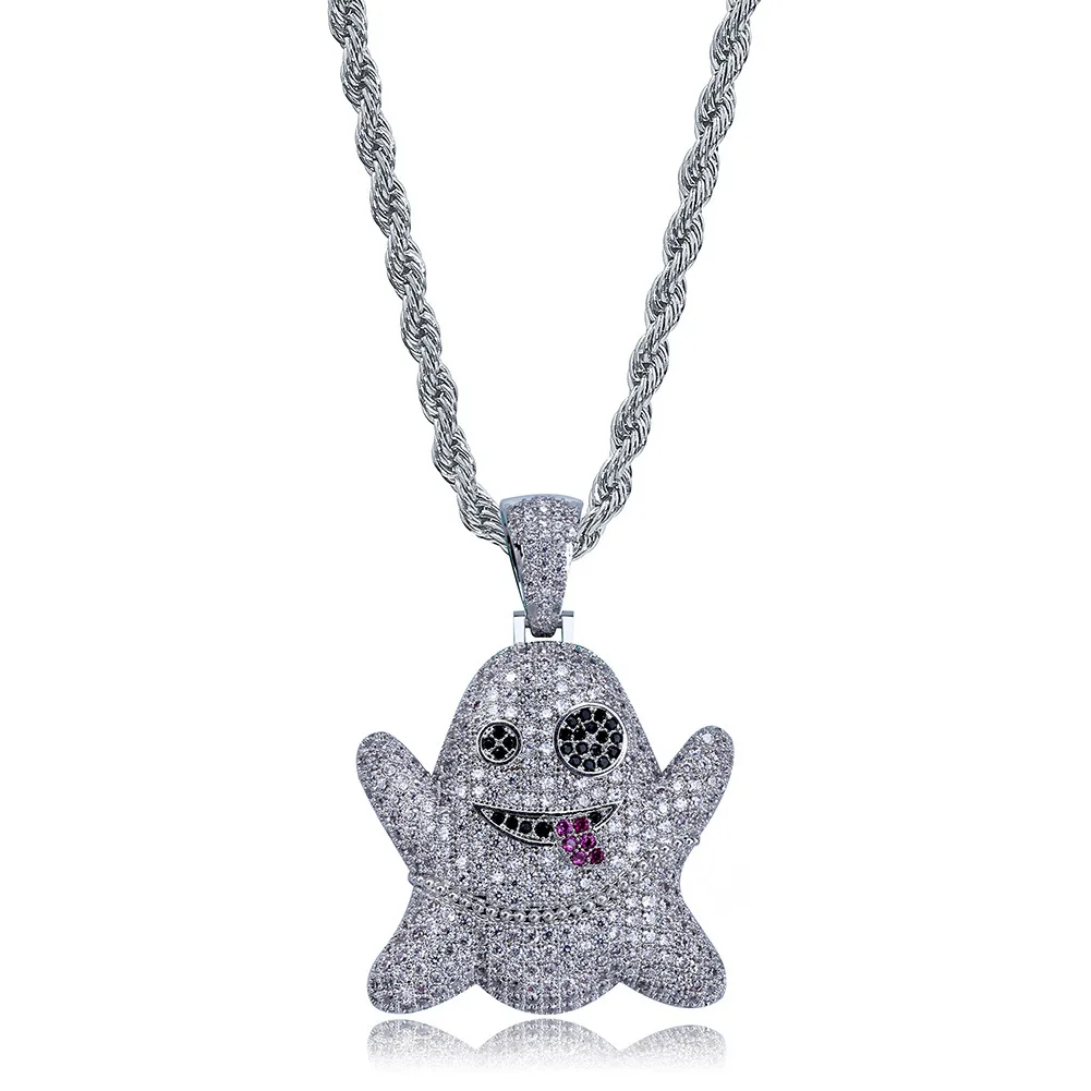 HOT Ghost Spit Tongue Funny Pendant Full Zircon Charm Long Braided Stainless Steel Chain Necklace HipHop Jewelry