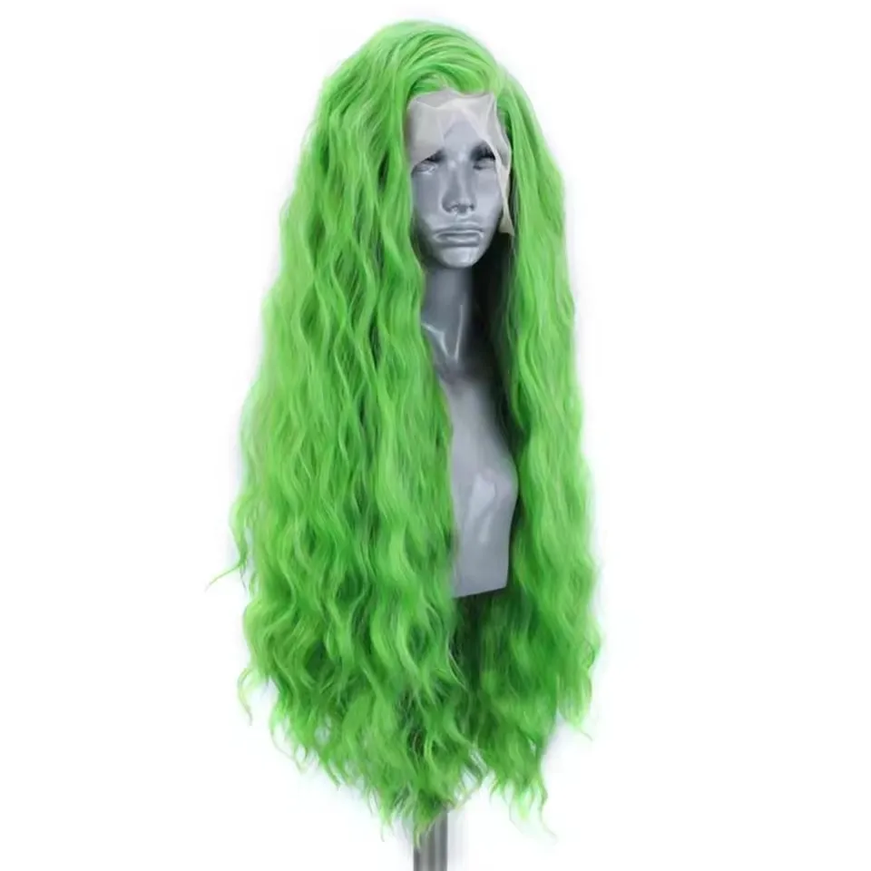 ZXBMALWIGS Green Color Cosplay Synthetic Hair 13X4 Lace Front Wigs Deep Wave  Heat Fiber Long Wave Wig for Women Party Wear