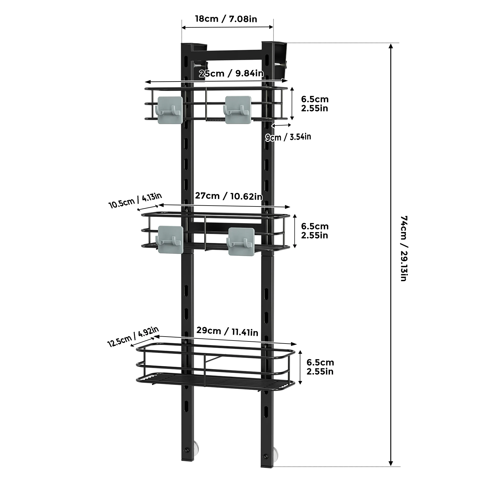 3 layers Waterproof Adjustable Metal Bathroom Shelf No Drilling Hanging on Door Storage Rack with Hooks Shower Rack Accessories