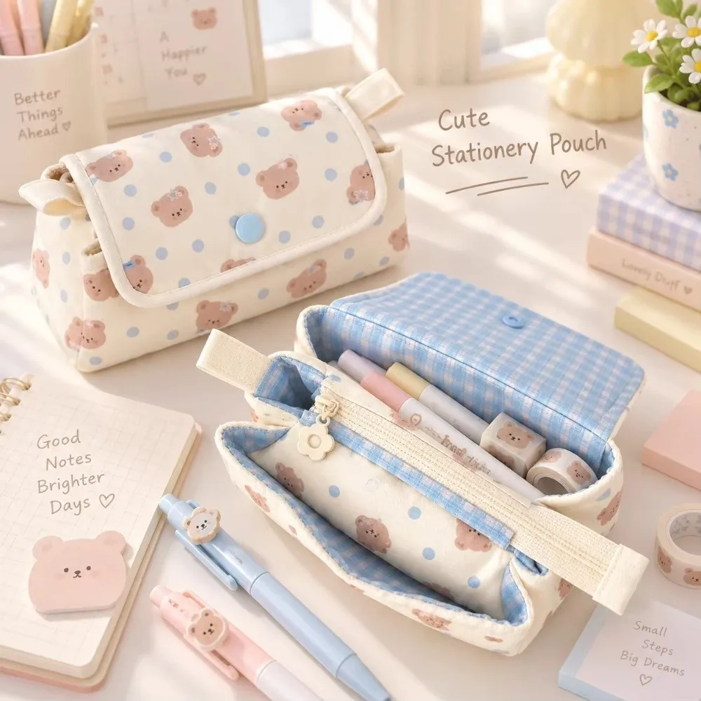 Multi-Layer Pencil Pouch Button-closure Large Capacity Pen Bag Lightweight Bear Printed Pencil Case School Supplies