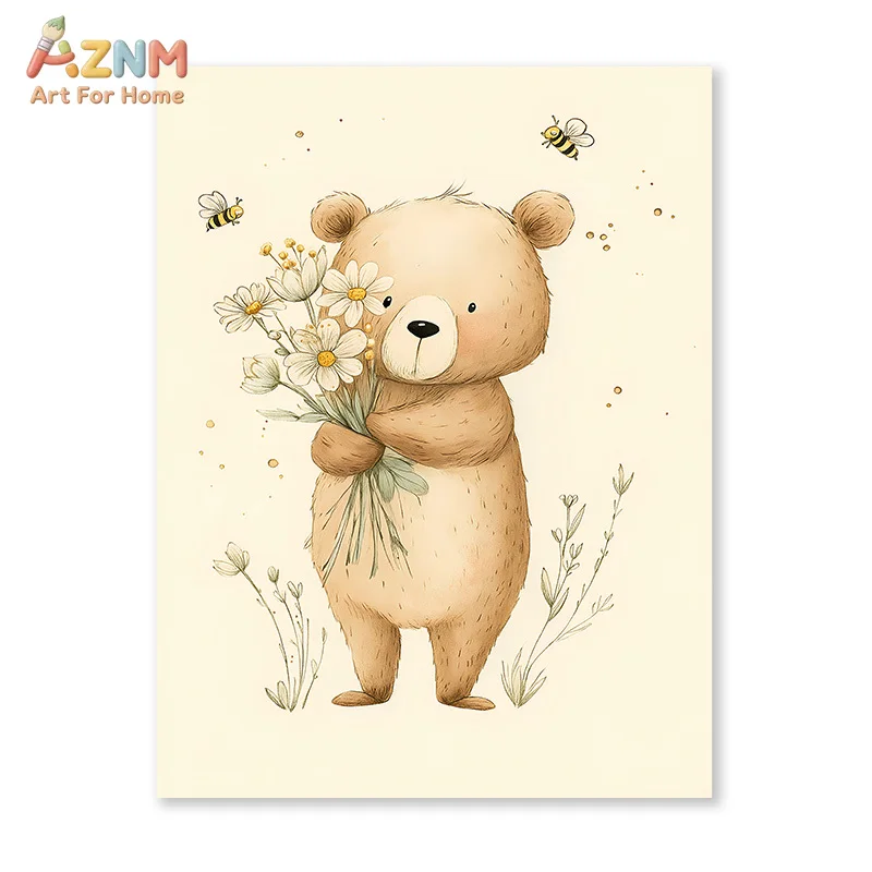 AZNM Watercolor Cute Bear Bee Wildflower Canvas Wall Art Warm Neutral Cartoon Animal Print Sweet Country Style Nursery Kids Bedr