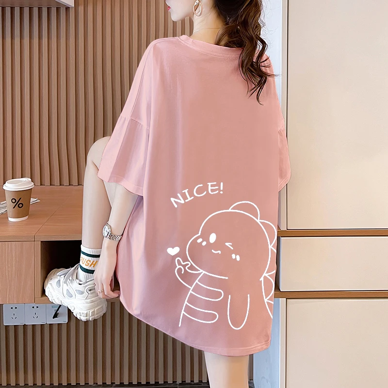 تي شيرت نسائي من القطن الخالص بأكمام قصيرة مقاس كبير صيفي متوسط ​​الطول فضفاض للتخسيس كلاين أزرق عصري ماركة علوية