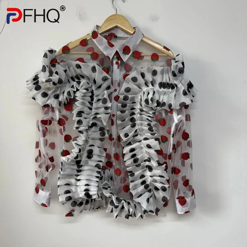 PFHQ Men Shirts Sheer Strawberry Print Mesh Polka Dot Ruffle Patchwork Design Single-breasted Long Sleeve Male Shirt 21E6885