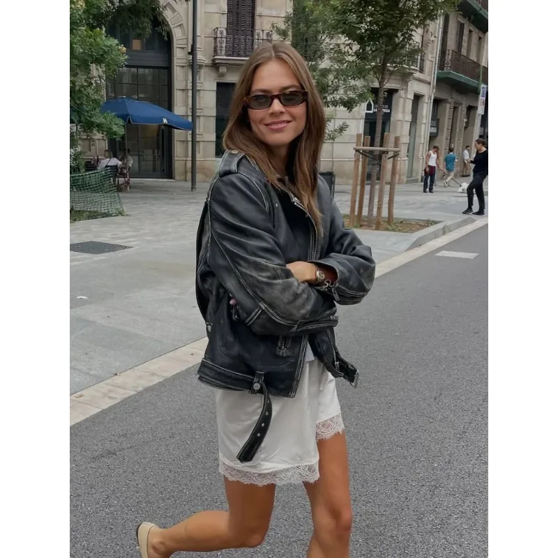 

Retro Distressed Short Leather Jacket Women Fashion Lapel Full Sleeve Zipper Loose Cropped Jackets Lady Daily Highstreet Coat