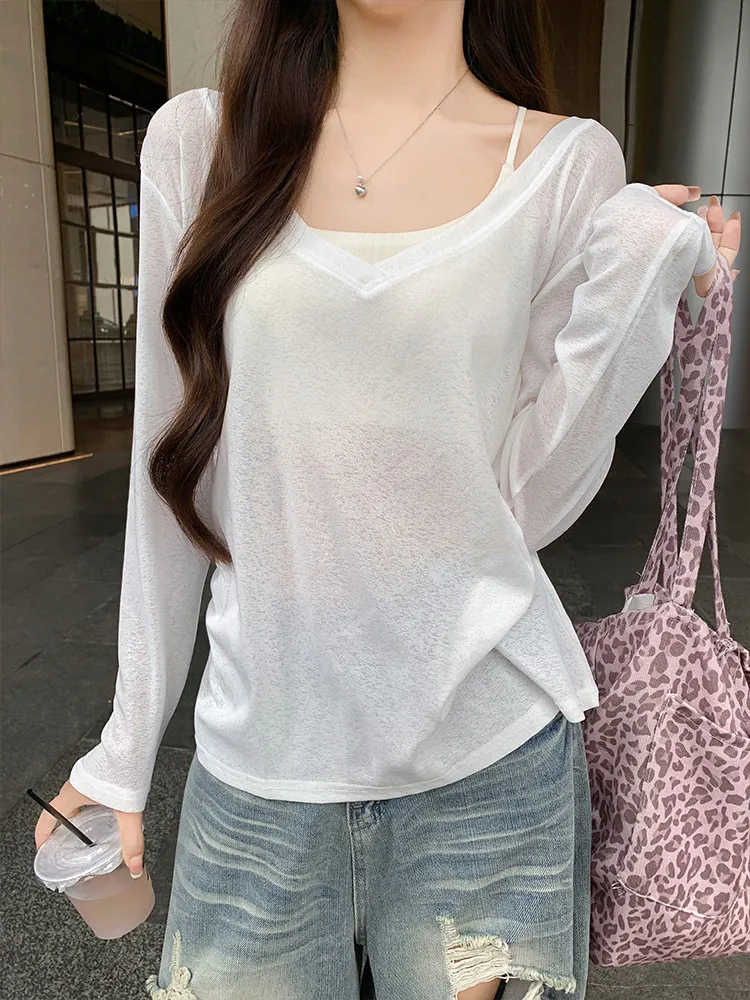 White V-Neck Long Sleeve T-Shirt Thin Micro Transparent Sunscreen Blouse Pullover Top Outerwears Clothing Vintage Tees