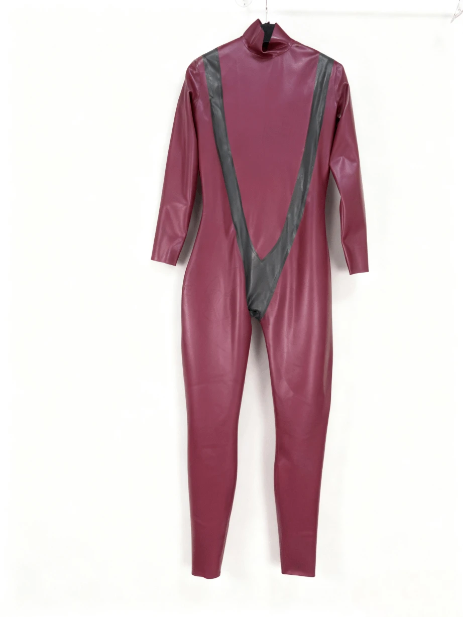 

rubber customized catsuit women's burgundy latex bodysuit gray accents long sleeve high neck design fashion party wear