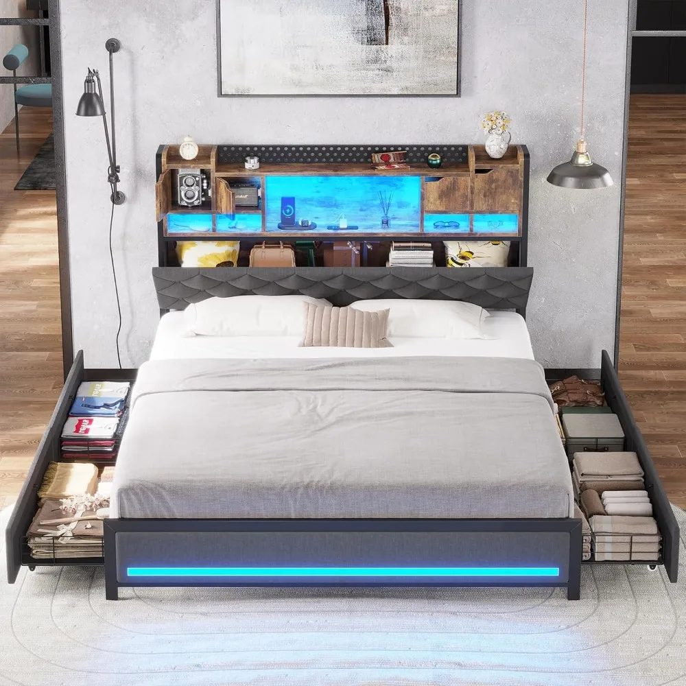 Queen Bed Frame with 4 Drawers & Storage Headboard, Upholstered Storage Bed Frame Queen Size with Hidden Space, Queen Platform