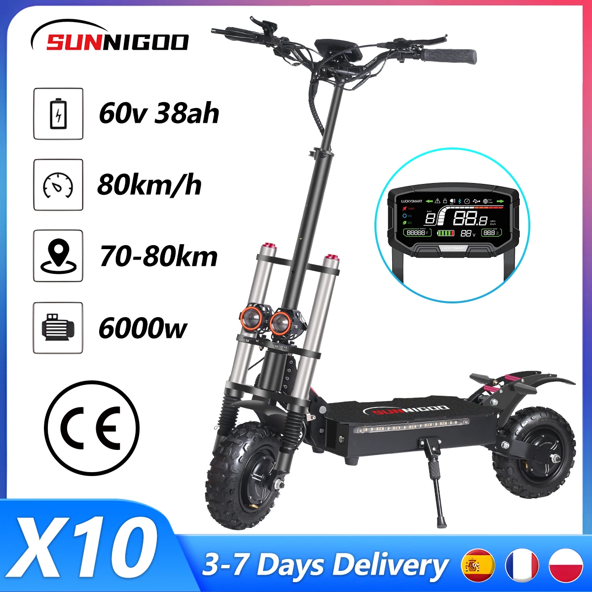 Trottinette électrique tout-terrain puissante SUNNIGOO X10 6000W pour adultes, 60V 38Ah, autonomie 100 km, pneus 11'', double mode, amortisseur hydraulique