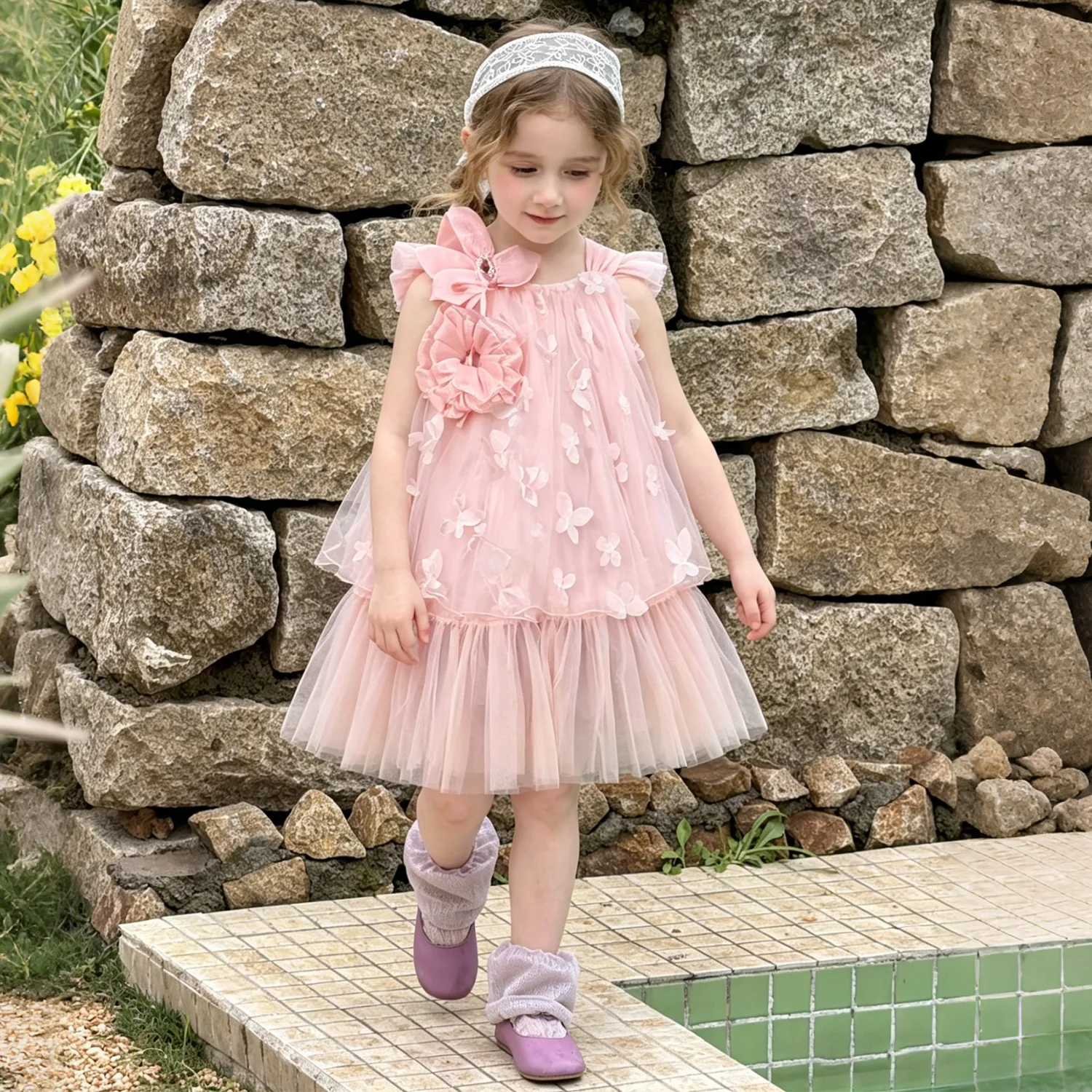 2026 Summer New Girl Princess Dress Three Dimensional Flower Mesh Strap Girls Baby Fairy Style Dress