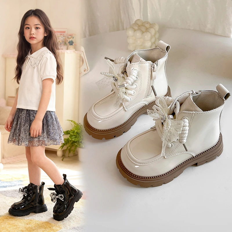 

Princess Leather Boots for Girls 2025 New Autumn Kids Ankle Boots with Lace Bow Soft Sole Classic Elegant School Party Boots