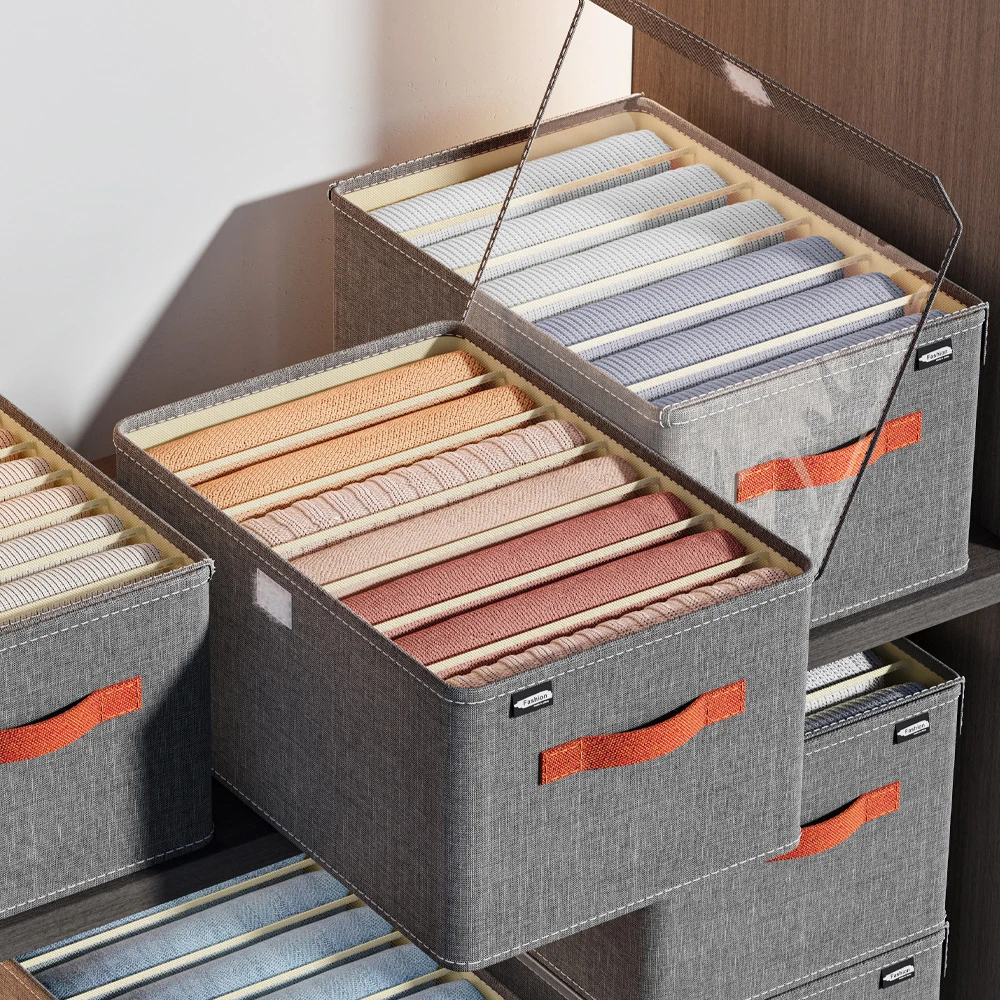 Premium Kationischer Stoff Faltbare Aufbewahrungsbox mit Deckel & Fächern PP-Board Kleiderorganizer für den Kleiderschrank