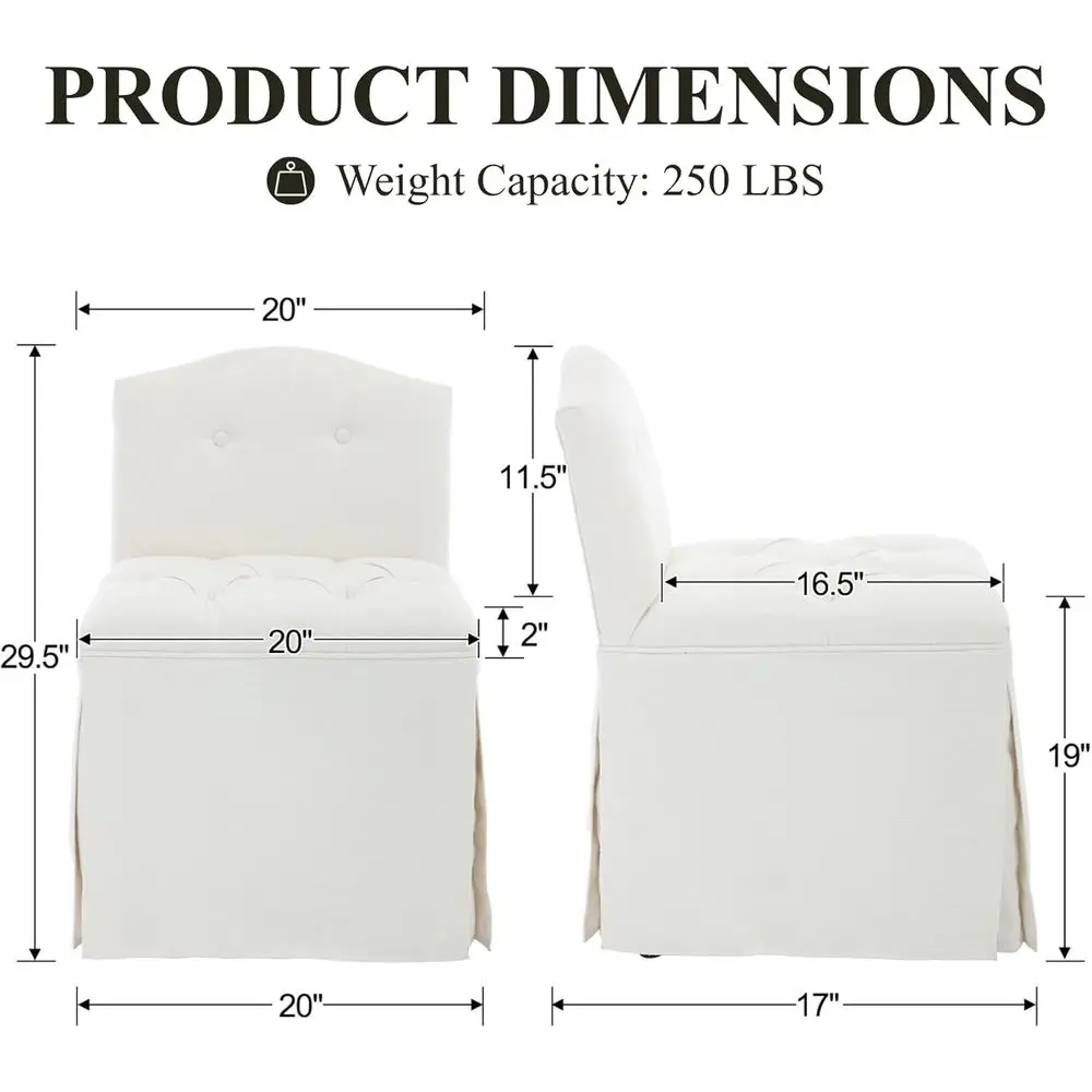 Upholstered Skirted Vanity Chair with Wheels, Small Low Back Accent Chair with Metal Legs for Makeup Desk or Bedroom - view 2