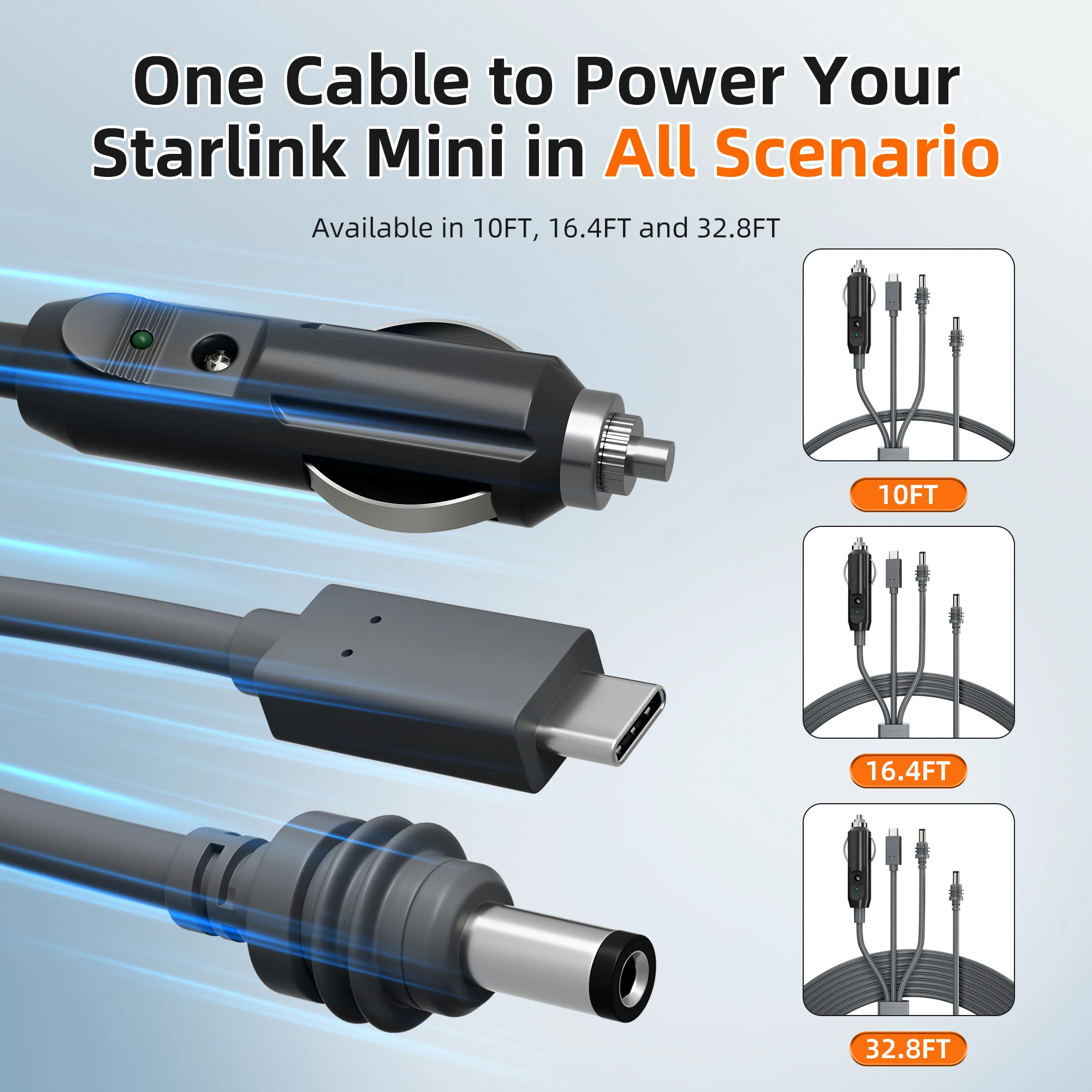 Starlink Mini 3-in-1 DC Power Cable USB-C 12-24V Cigarette Lighter Plug & DC Male Cord Input Power Cable for Starlink Mini