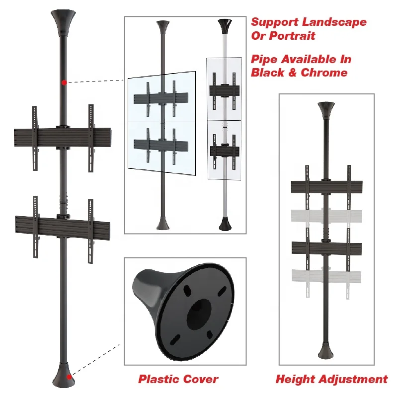 Single Pole Floor to Ceiling Height Adjustment High Loading Capacity Digital Signage TV Mount Stand for Dual Screens