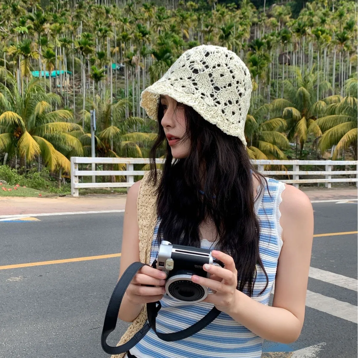 

Cute Beige Hollow Out Knit Bucket Hat Breathable Crochet Sun Hat for Women Daily Wear Travel