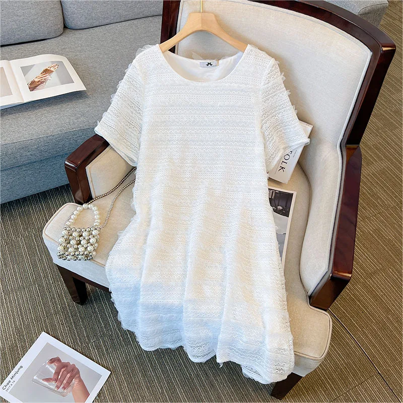 150Kg Plus Size Bust 150cm Women\'s Summer Loose Lace Solid Bow Ruffle Hem Dress Black White 6XL 7XL 8XL 9XL 10XL