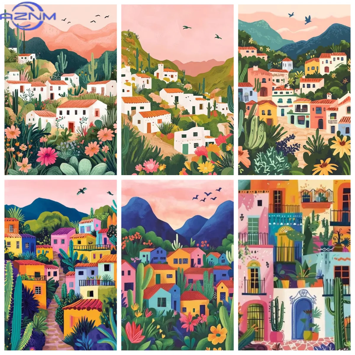 Illustrated Hillside Village Paper Puzzle Bright Color Mountain Landscape Tropical Flora Relaxing Assembly Toy Adult Hobby Gift