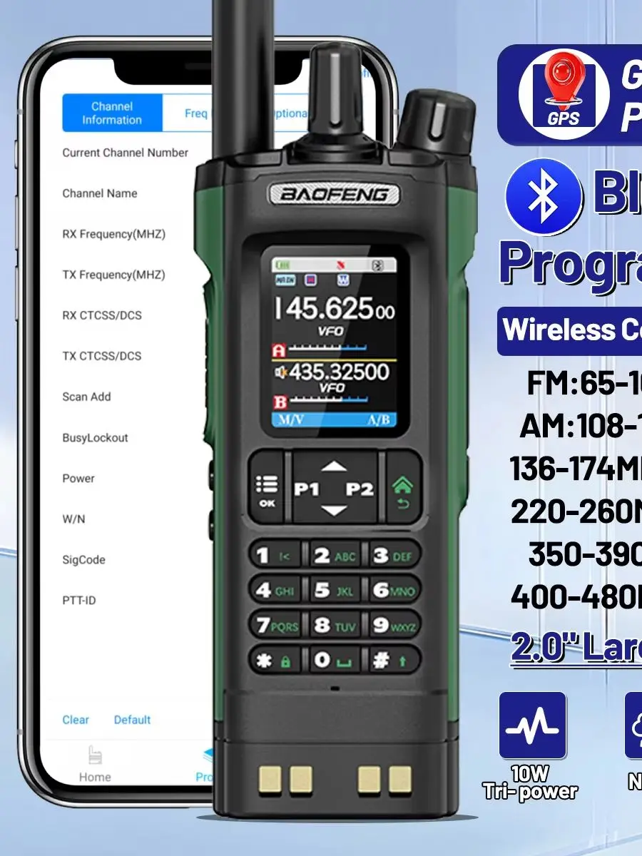 BAOFENG UV-32 GPS Walkie Talkie 10W Wielozakresowe Radio Programowalne Bluetooth Bezprzewodowe Kopiowanie Częstotliwości NOAA AM/FM Type-C Daleki Zasięg Radio Dwukierunkowe dla Polowców i Aktywnych na — 2
