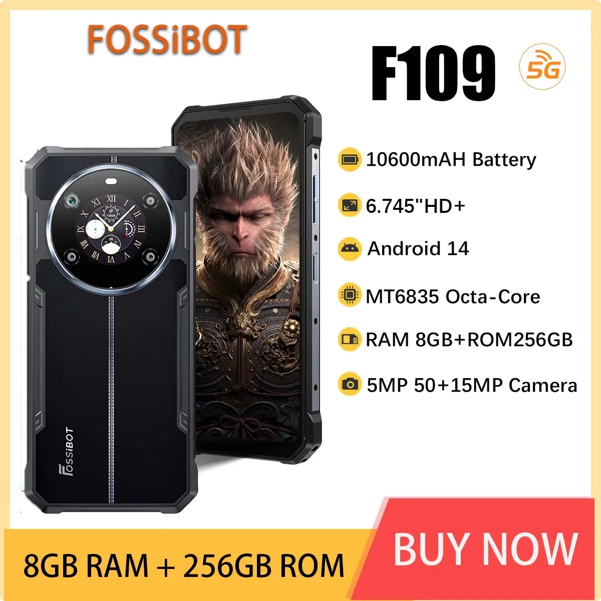 Fossibot F109 5G Rugged Phone 10600mAH Battery 6.75 Inch Display Cell Phone 8GB RAM+256GB ROM Android 14 NFC Mobile Phone