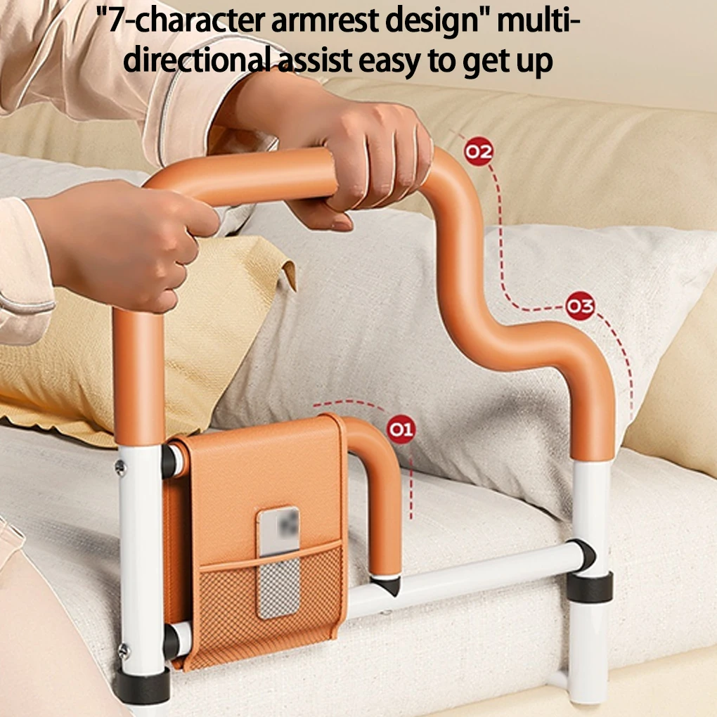 Adjustable Height Bedside Rail, Rising Aid Bed for Seniors, Fall Protection With Storage Pockets Bed Guard Frame Post-Operative