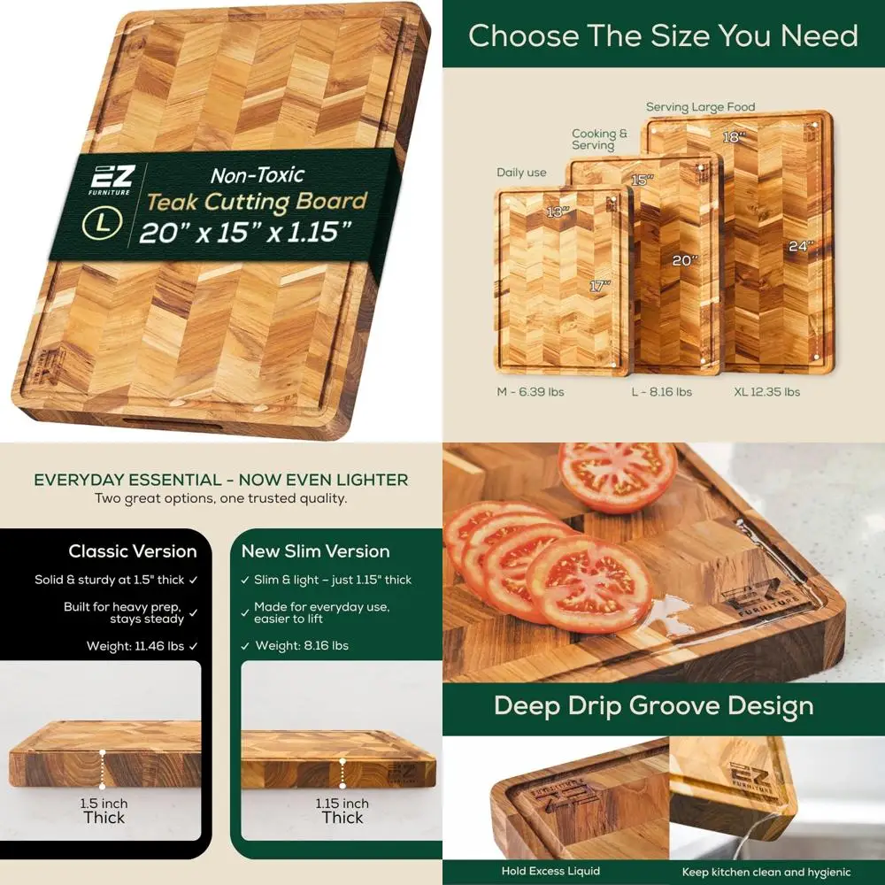 

Large Herringbone Teak Wood Cutting and Serving Board, Pre-Oiled Edge Grain, Juice Groove, Handles, Food Grade, Non-Toxic