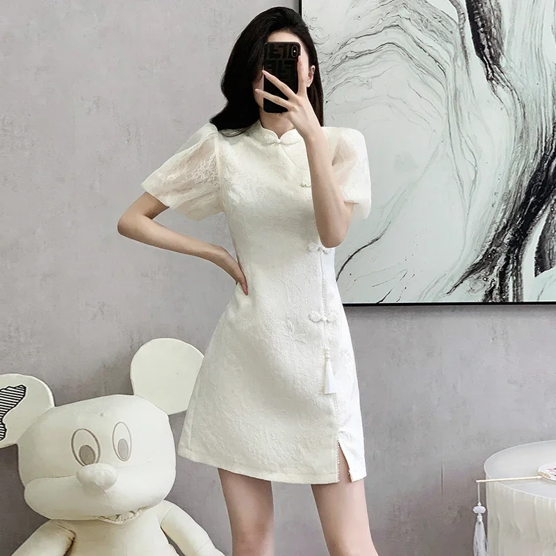 Black Jacquard Fabric with Puff Sleeves & Frog Buttons, Summer Casual Mini Dress New Chinese Style Modified Qipao Dress