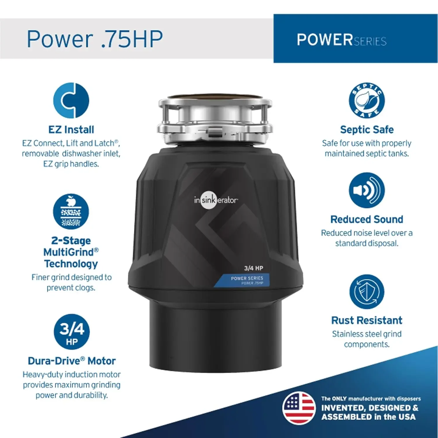 3/4 HP Garbage Disposal, Power Series EZ Connect Continuous Feed Food Waste Disposer, Black