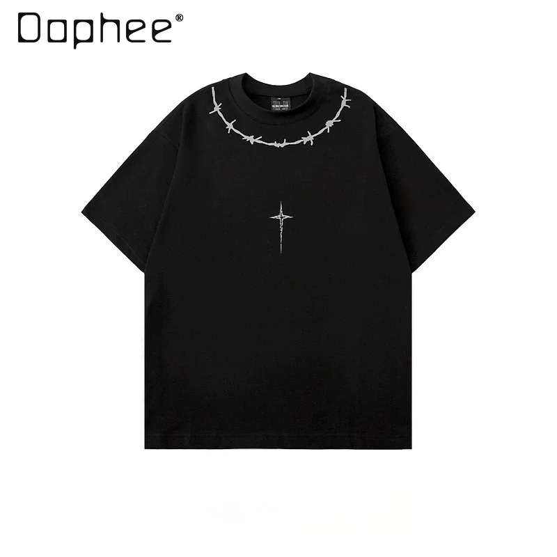 Summer New Dark Thorn Wire Cross Star Print T-shirt Men Y2K Gothic Loose Round Neck Short Sleeve Streetwear Casual Top