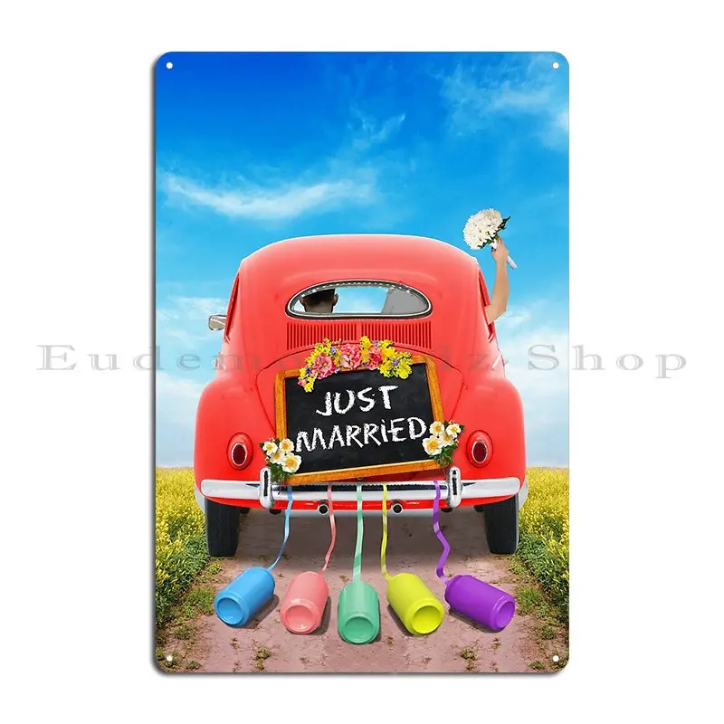 Vintage Wedding Red Car With Cans And Plate Just Married In Flower Field Metal Sign Poster Garage Iron Tin Sign Poster