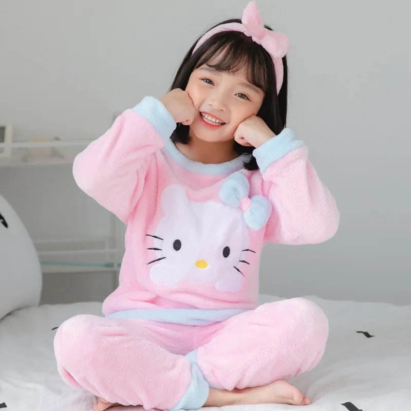 Sanrio Hello Kitty Set Hairband Children'S Winter Pajamas Flannel  Winter Sweet Home Clothes Xmas Gift Girls' Thickened Pajamas