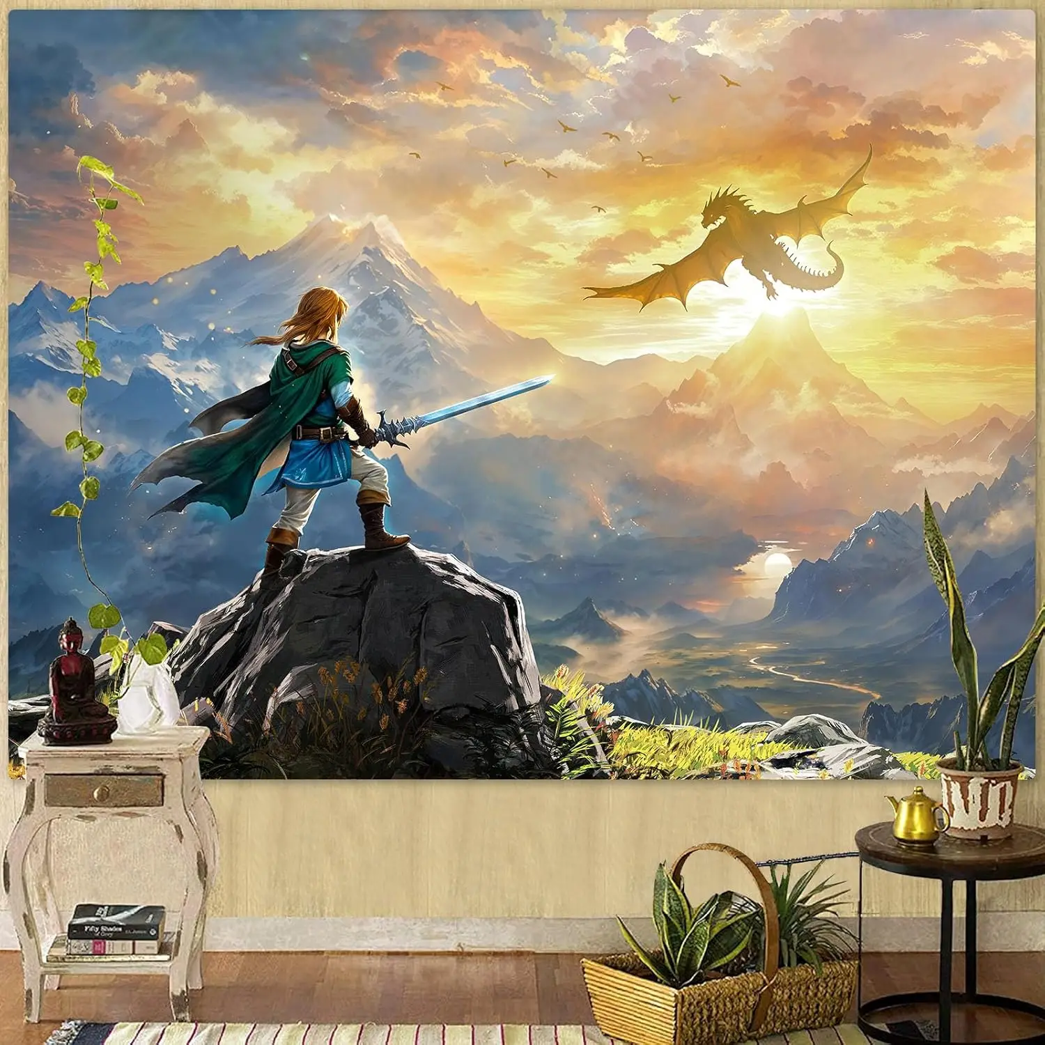 Fantasy Warrior Tapestry - Hero on Cliff Facing Dragon, Epic Landscape Wall Art, Game Room Decor, Bedroom Gaming, Multiple Sizes