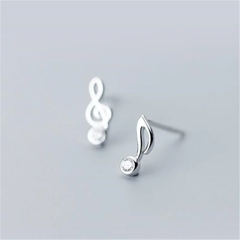 Hot Sale New 925 Sterling Silver Asymmetry Musical Note Rhinestone Wedding Stud Earrings For Women Girl Brincos LE033