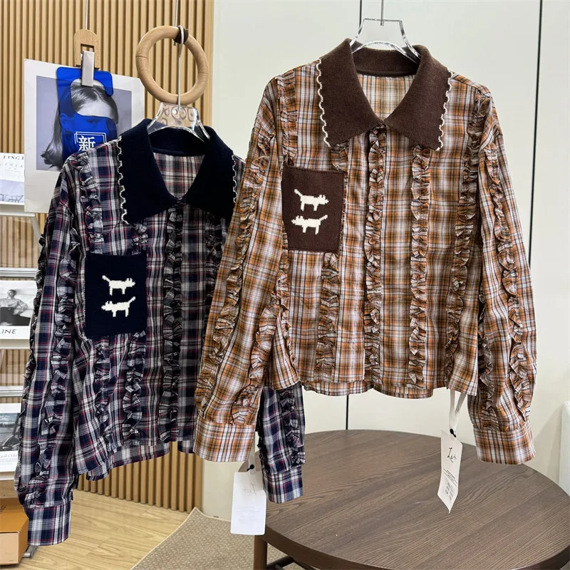 

Women Plaid Crop Shirt Ruffle Trim Lapel Blouse Loose Fit Pleated Design Button Up Fashion Casual Top Trendy