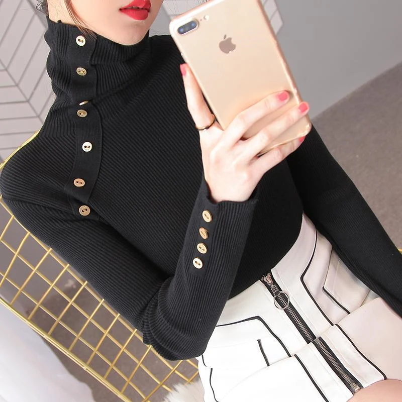 Autumn Winter Women Turtleneck Button Chic Basic Knitwear Elegant Office Lady Solid Pullover Top Knitted Sweater Jumper Clothing