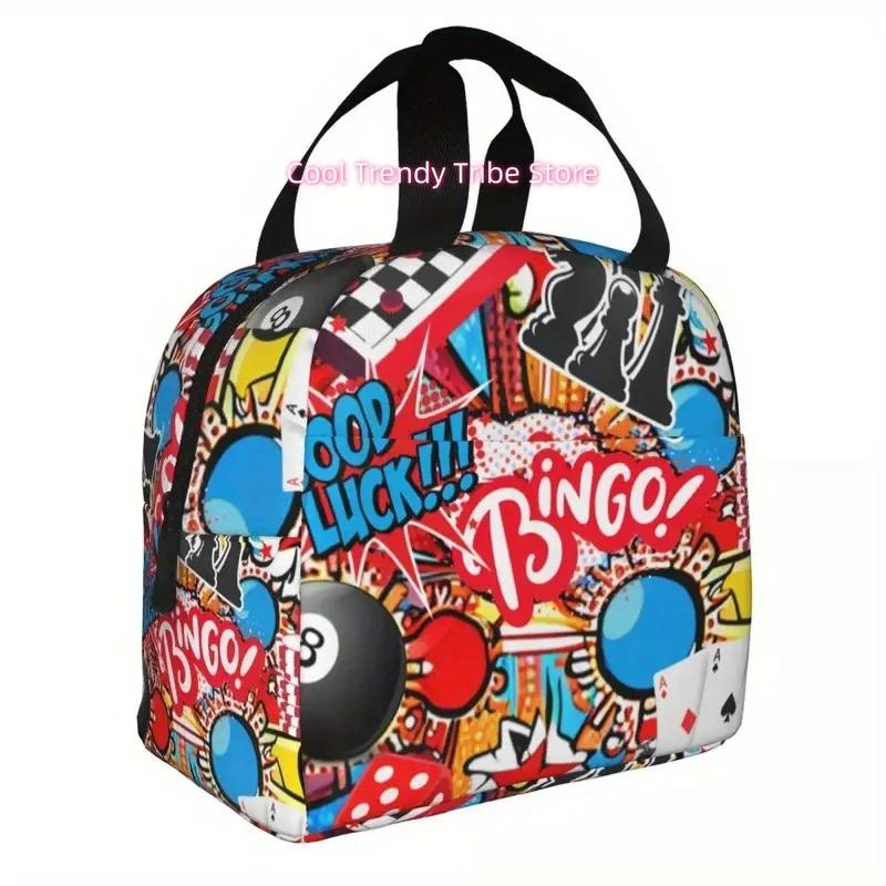 Bingo Game Night Insulated Lunch Bag - Thermal Meal Tote with Bingo Balls Design, Oxford Cloth Lunch Box for Parties, School, Pi