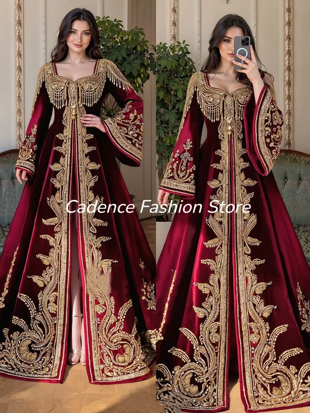 Traditional Burgundy Bridal Gown Luxury Algerian Beaded Embroidered Kakhla Henna Nikah Long-Sleeved Wedding Dress Customized